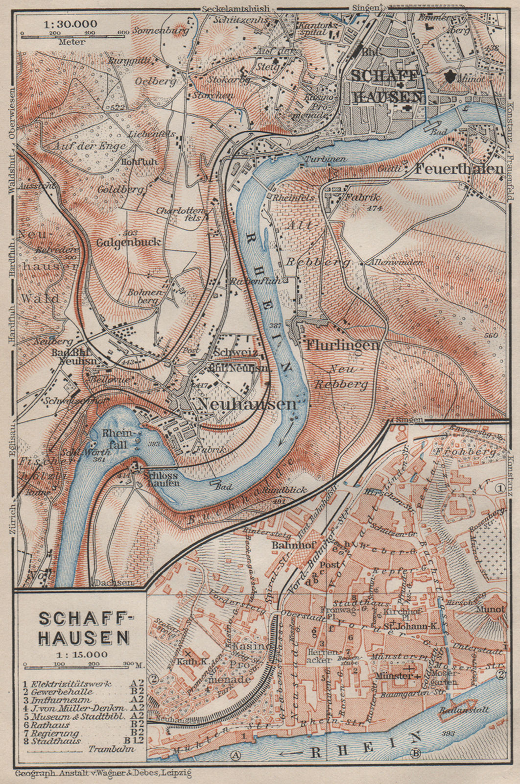 SCHAFFHAUSEN environs. Flurlingen Feuerthalen Neuhausen. Schweiz 1909 old map